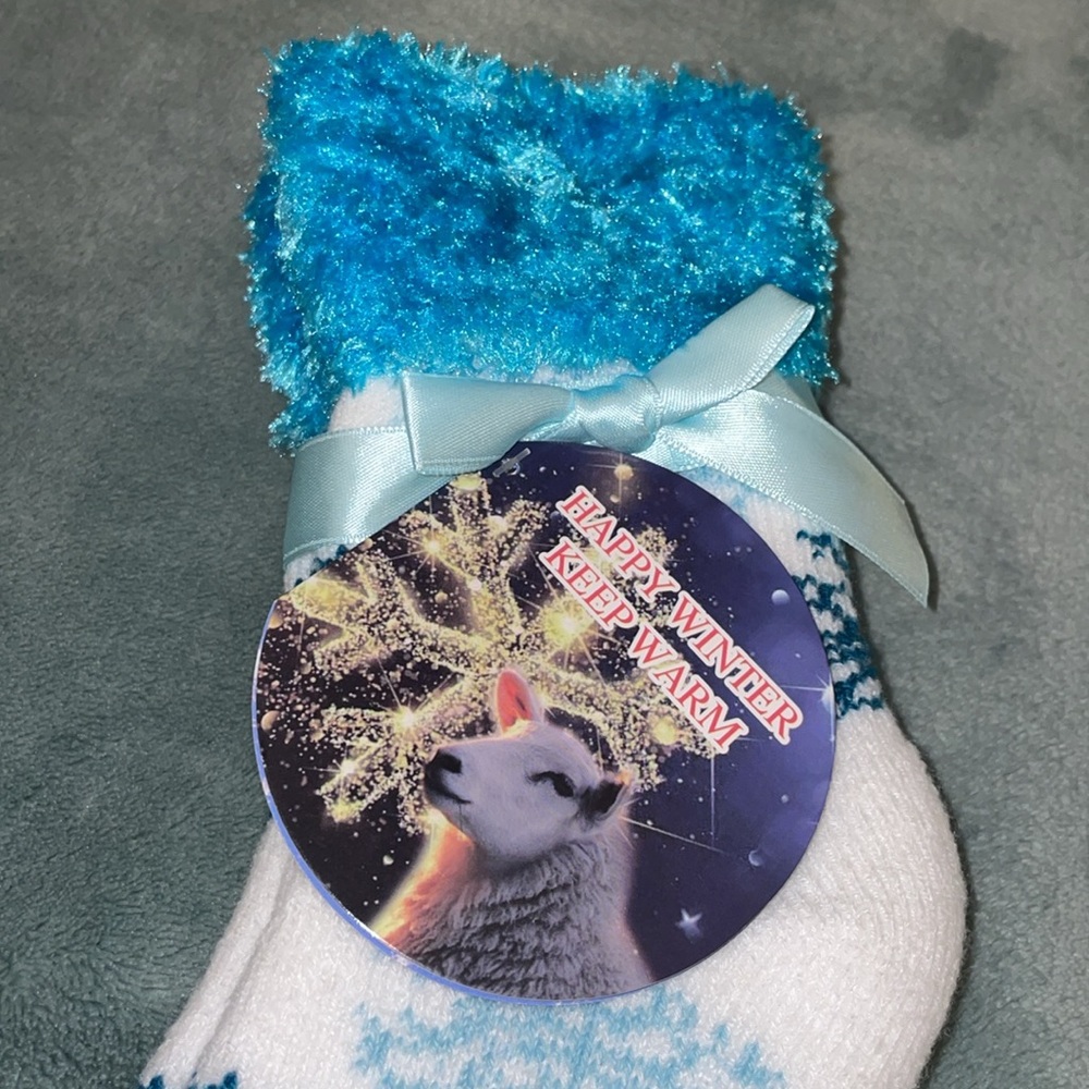NWT 2 pair of Blue & White Fuzzy Socks with Snowflake Design. - Picture 3 of 4